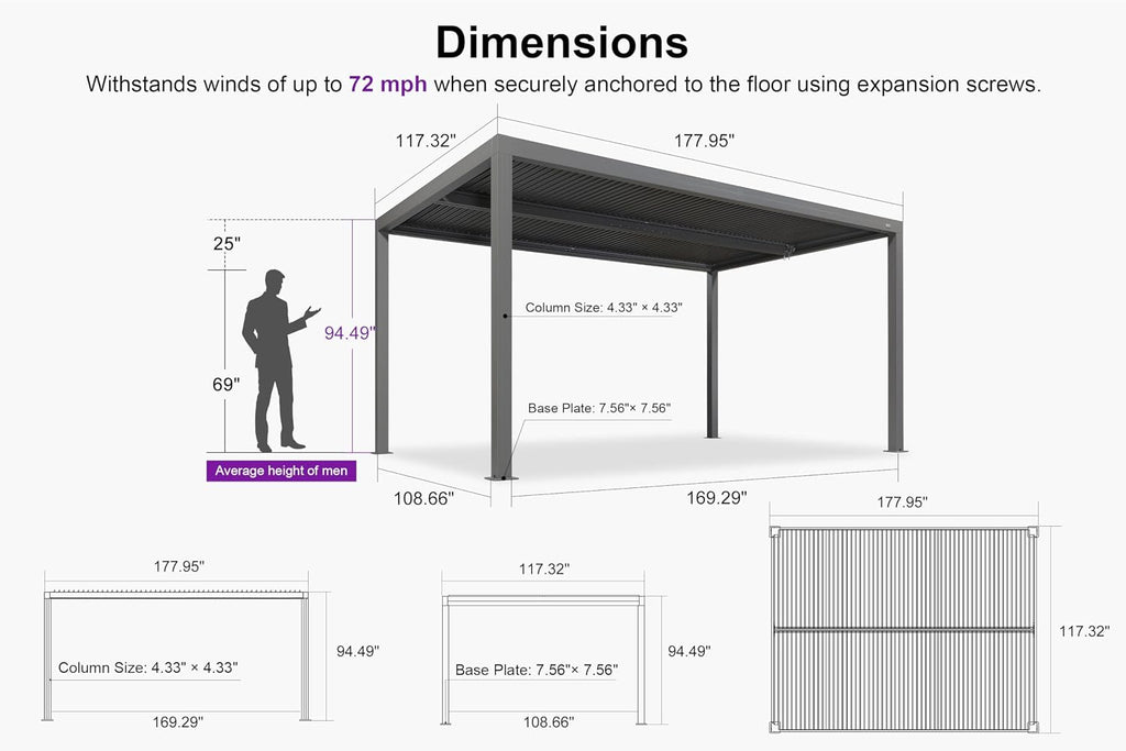 PURPLE LEAF Louvered Pergola 10' x 15' Outdoor Retractable Modern Hardtop Full Aluminum Pergola with Adjustable Rainproof Roof and 24 Clear LED Lights for Patio Deck Backyard Slate Grey