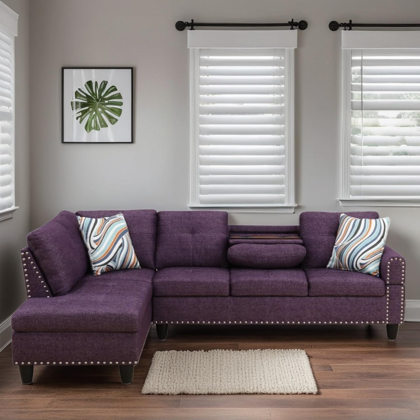 L-Shaped Sectional Sofa, Modern Sectional Couches Home Sofas for Living Room with Movable Chaise, Modular Living Room Sets Furniture for Apartment Bedroom & Office, Purple