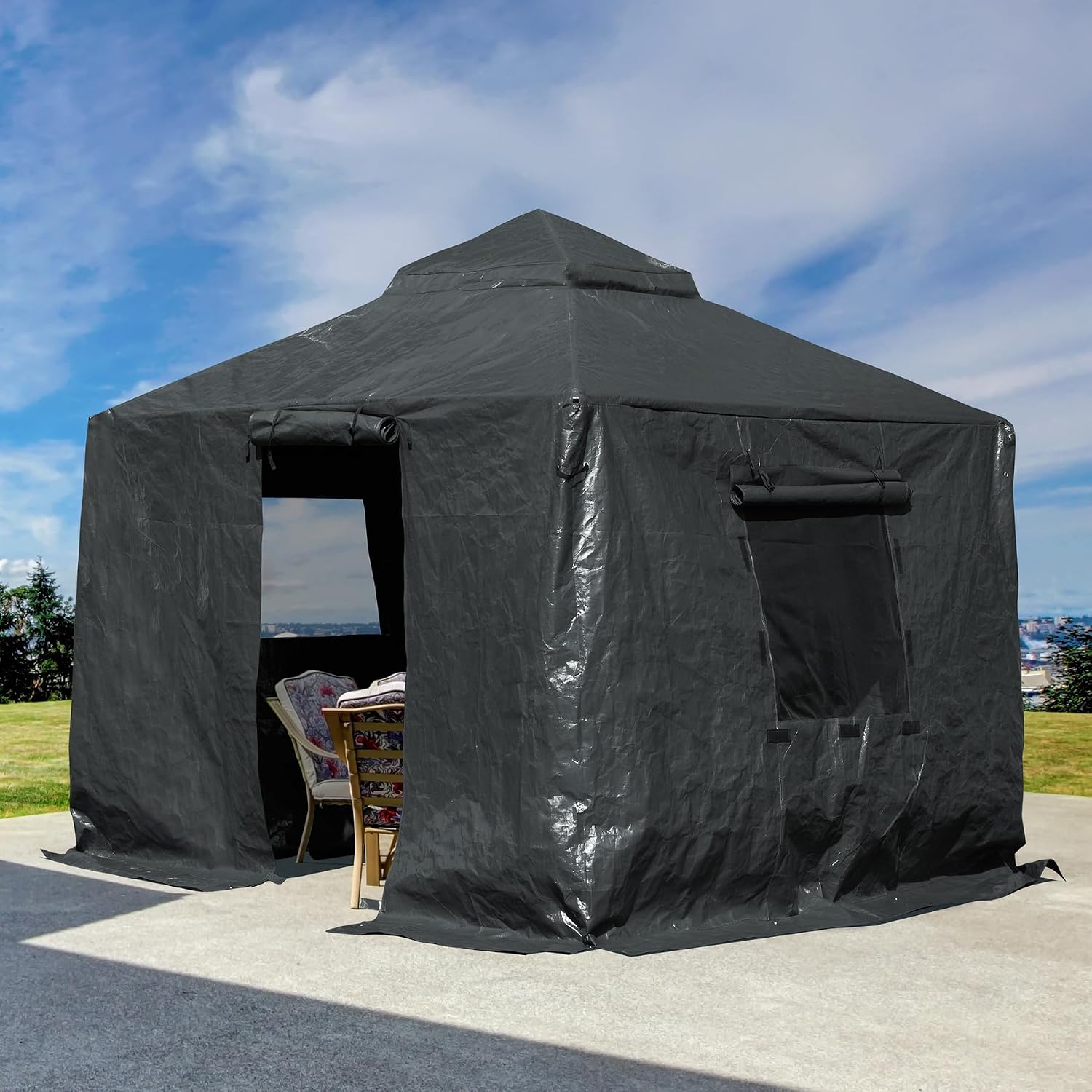 Domi 10' x 10' Universal Winter Gazebo Cover for Hardtop Gazebos,Outdoor Waterproof Enclosed Cover with Sidewalls and Mesh Windows,Grey (Gazebo not Included)