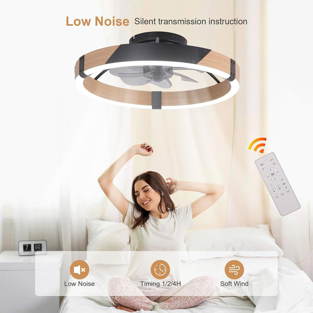 Garwarm 20IN Low Profile Ceiling Fans with Lights and Remote, 30W Fandelier Ceiling Fan Flush Mount,3000K-6500K Dimmable Bladeless LED Fan Light for Bedroom Kitchen Living Room Dining Room