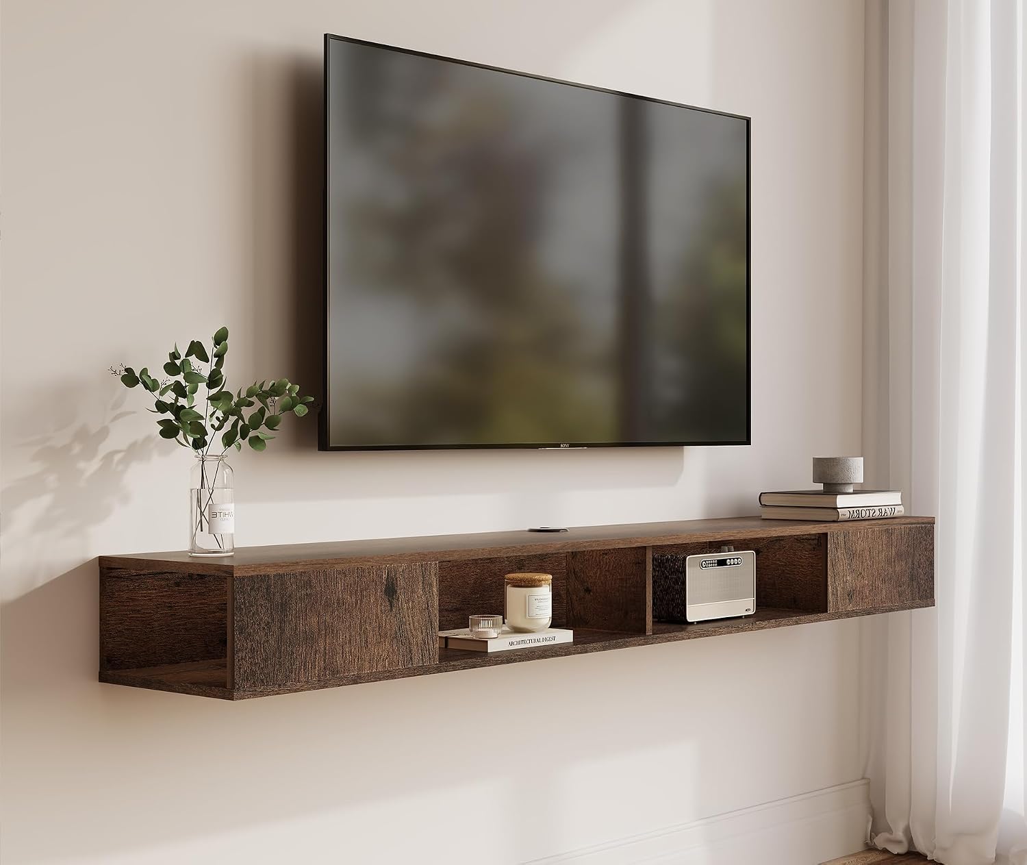 Wampat 70 inch Floating Entertainment Center for Storage, TV Shelf for Wall, Media Console for Living Room, Brown