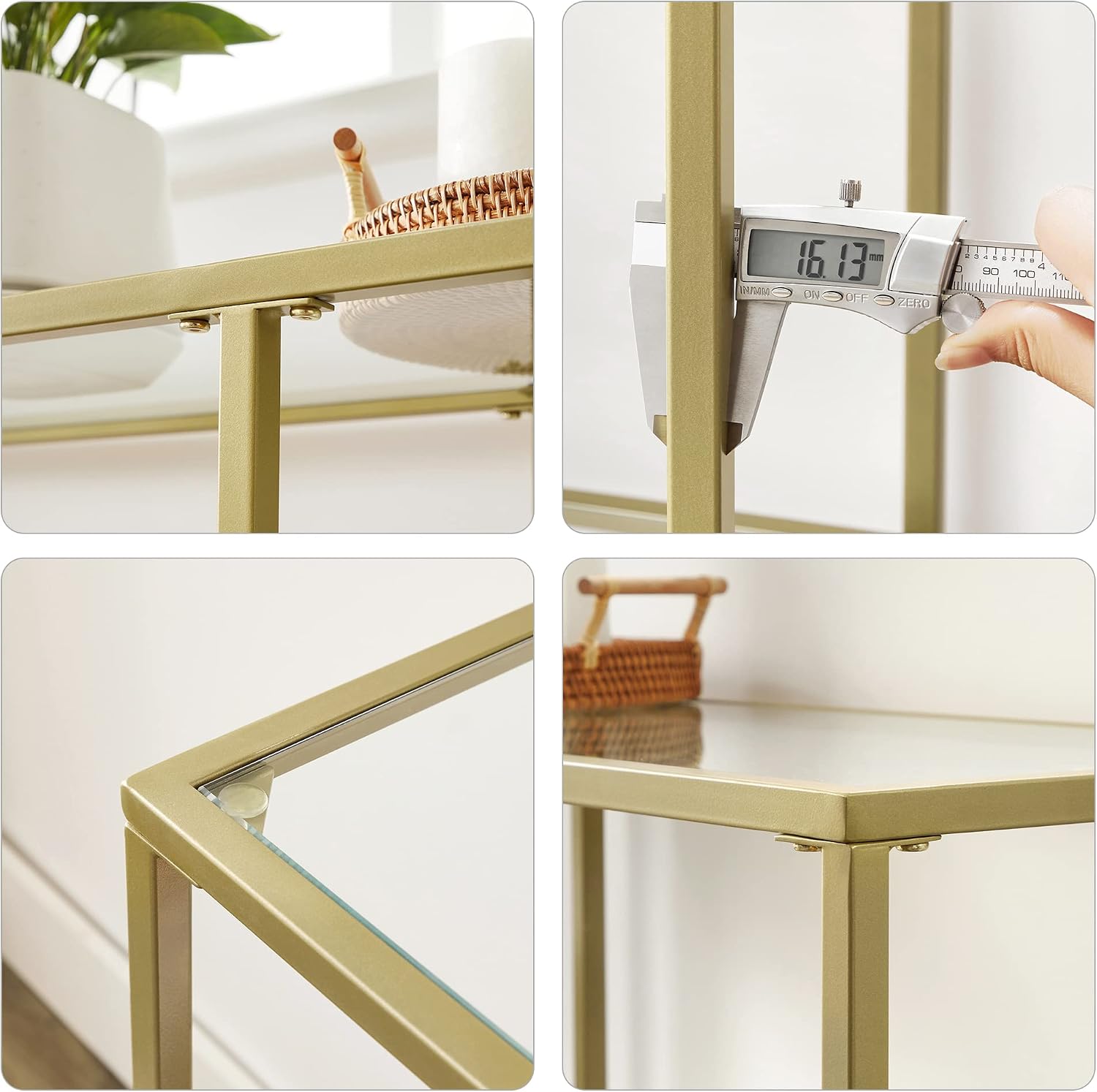 VASAGLE 51.2 Inch Console Table with 3 Shelves, Sofa Tables, Modern Entryway Table, Metal Frame, Tempered Glass Shelf, Entryway Living Room Bedroom, Metallic Gold and Transparent ULGT024A01