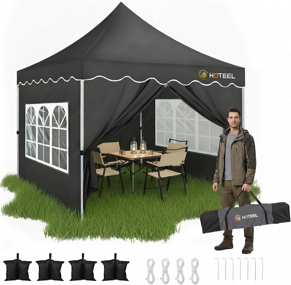 HOTEEL 10×10 Pop Up Canopy with 4 Sidewalls, UV 50+ and Waterproof 10×10 Canopy Event Tent, Thickened Frame, Space Easy Outdoor Pop Up Canopy for Vendor, Beaches, Events, Market (Black)