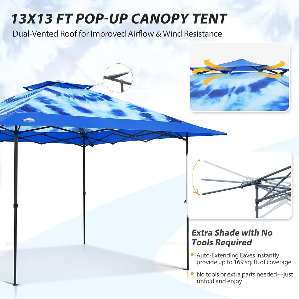 EAGLE PEAK 13x13 Straight Leg Pop Up Canopy Tent Instant Outdoor Canopy Easy Single Person Set up Folding Shelter w/Auto Extending Eaves 169 Square Feet of Shade (Tie Dye Blue)