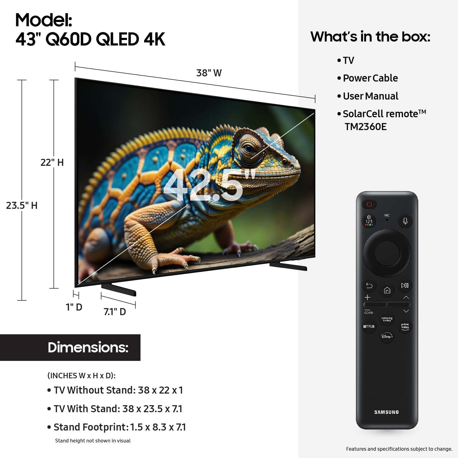 Samsung 43-Inch Class QLED 4K Q60D Series Quantum HDR Smart TV w/Object Tracking Sound Lite, Motion Xcelerator, Slim Design, Gaming Hub, Alexa Built-in (QN43Q60D, 2024 Model)