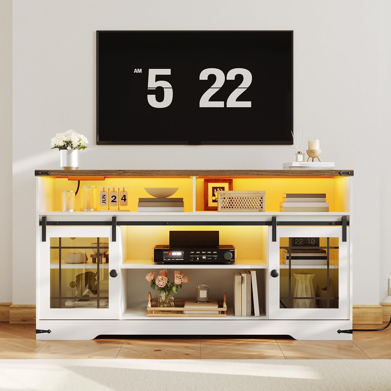 HOOBRO TV Stand for 65 Inch TV, Farmhouse Entertainment Center with LED Lights and Charging Station, Media Console TV Cabinet with Adjustable Shelves and Glass Doors for Living Room, White and Walnut