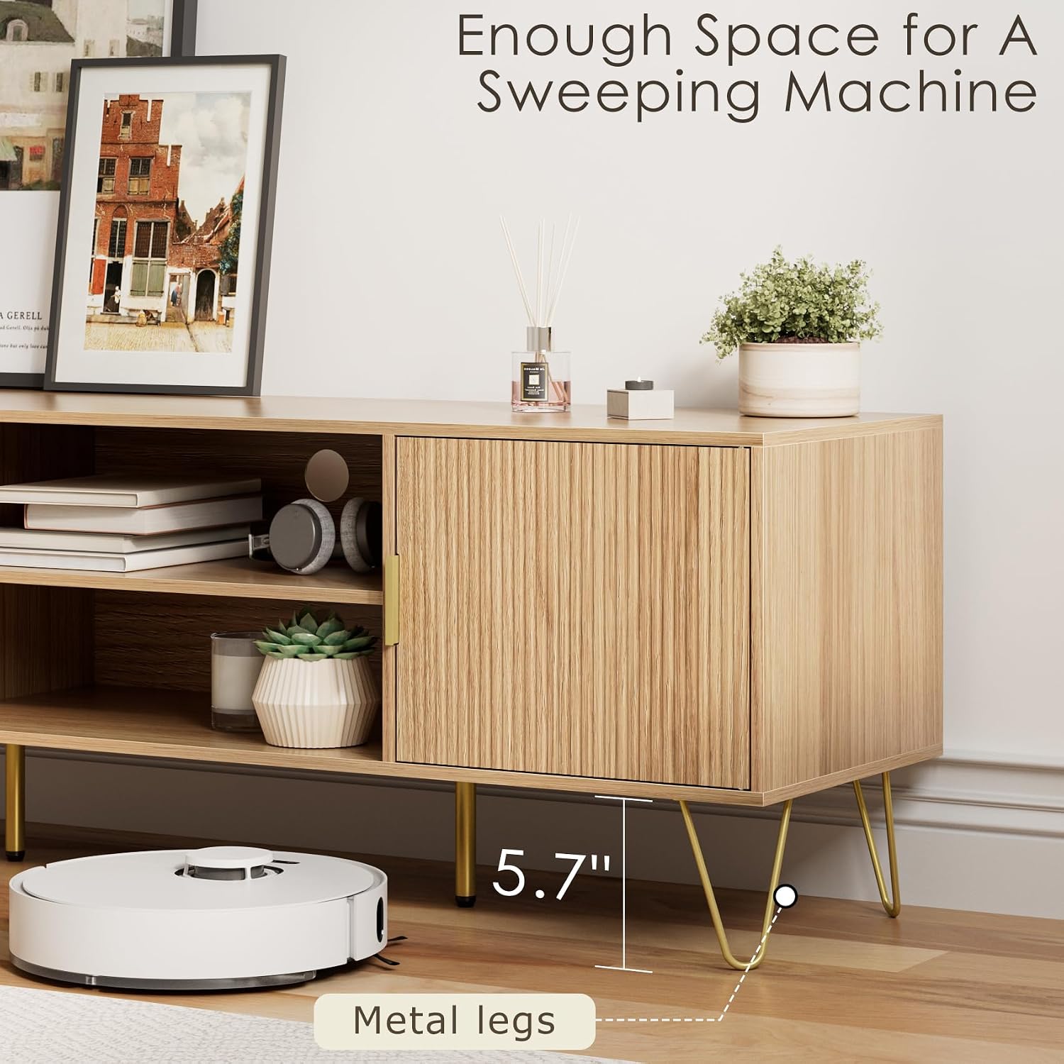 TV Stand for 55-65 Inch TV, Entertainment Center with Soft Hinge Door,TV Console Table with 2 Cabinets with Gold Handle and Feet,for Living Room, Bedroom, Oak