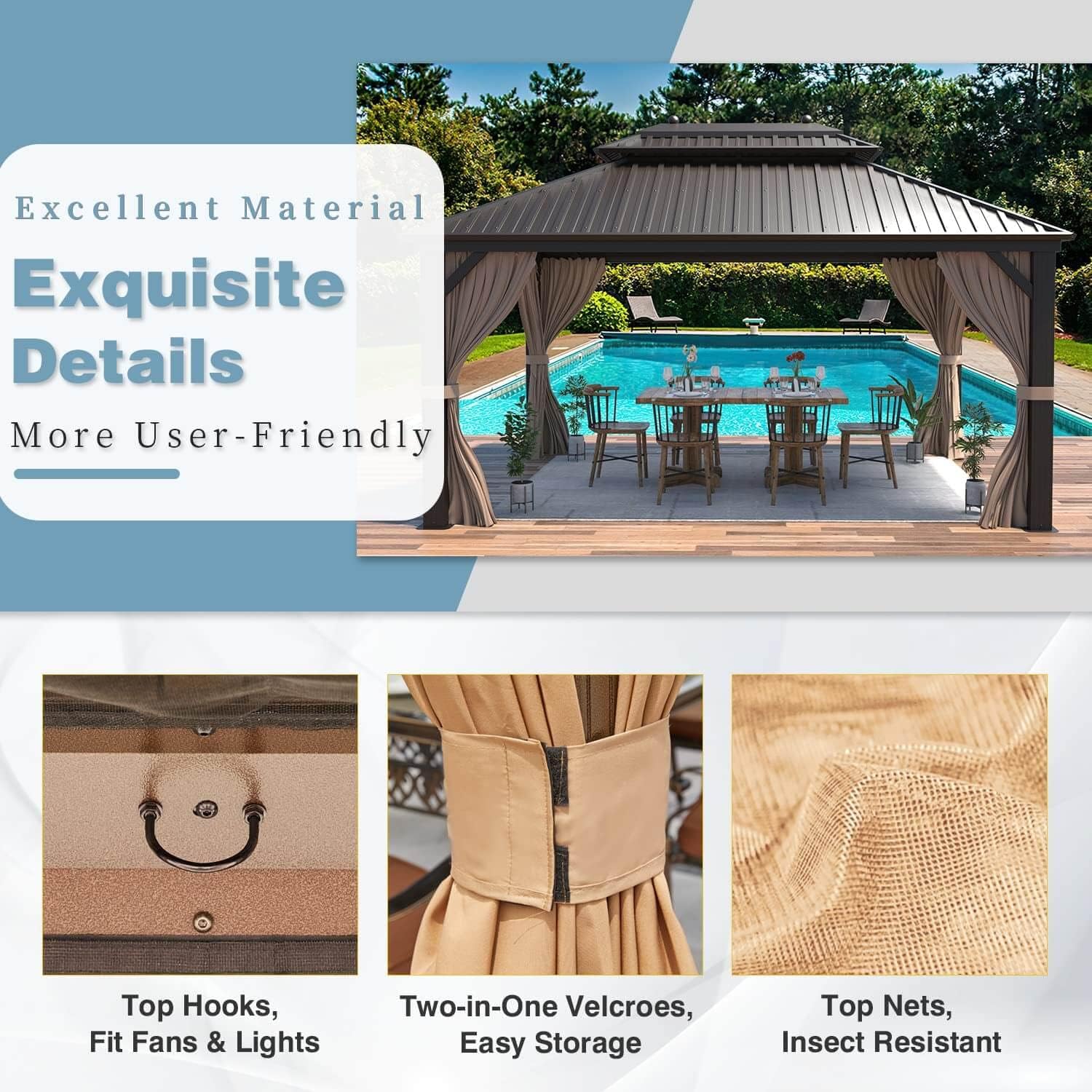 MELLCOM 10'x13' Hardtop Gazebo, Galvanized Steel Double Roof Metal Canopy with Aluminum Frame, Brown Permanent Patio Gazebos with Curtains and Netting for Patios, Gardens, Lawns