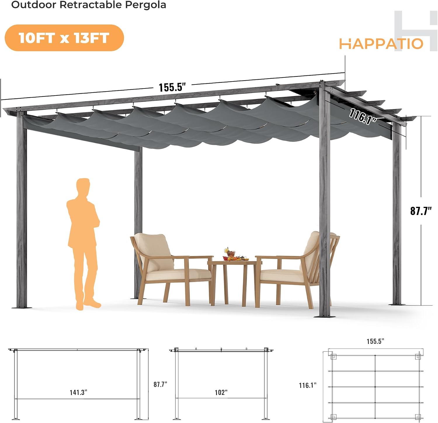 HAPPATIO 10' X 13' Wood-Grain Retractable Pergola with Sun Shade Canopy, Patio Aluminum Frame Shelter for Backyards, Gardens, Porch, Includes Ground Studs and Expansion Screws (Grey)