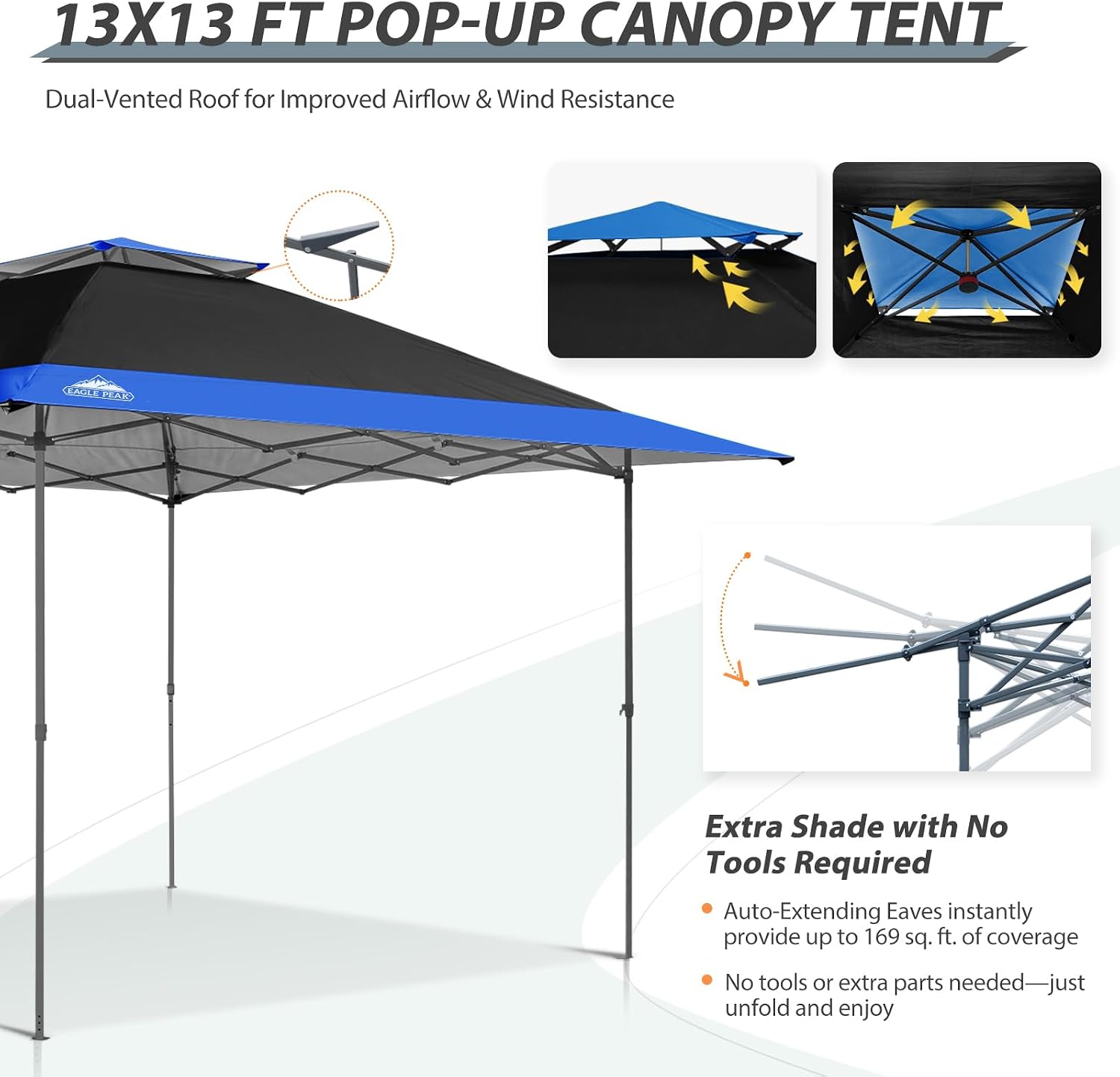 EAGLE PEAK 13x13 Straight Leg Pop Up Canopy Tent Instant Outdoor Canopy Easy Single Person Set up Folding Shelter w/Auto Extending Eaves 169 Square Feet of Shade (Black/Blue)
