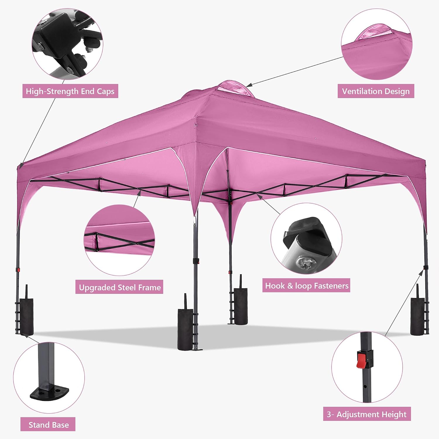 12'x12'FT Pop Up Canopy, Easy-Setup Gazebo, Outdoor Awning with 3-Adjustable Heights for Beach, Parties, Camping, Pink.