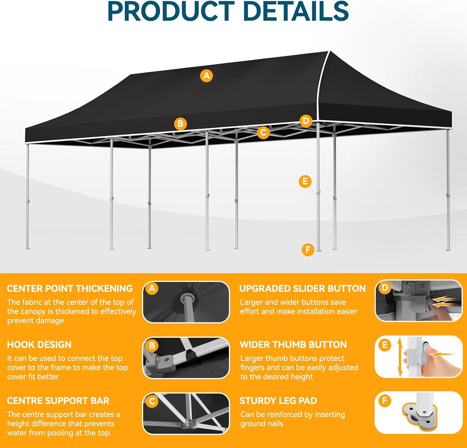 Hoteel 10x30 Pop Up Canopy Tent Heavy Duty with 8 Sidewalls, Waterproof Party Tent, Easy Set-up Commercial Instant Tents with Hand Bag, Rope & Nail, Hexagonal Leg, Black (1-Year Warranty)