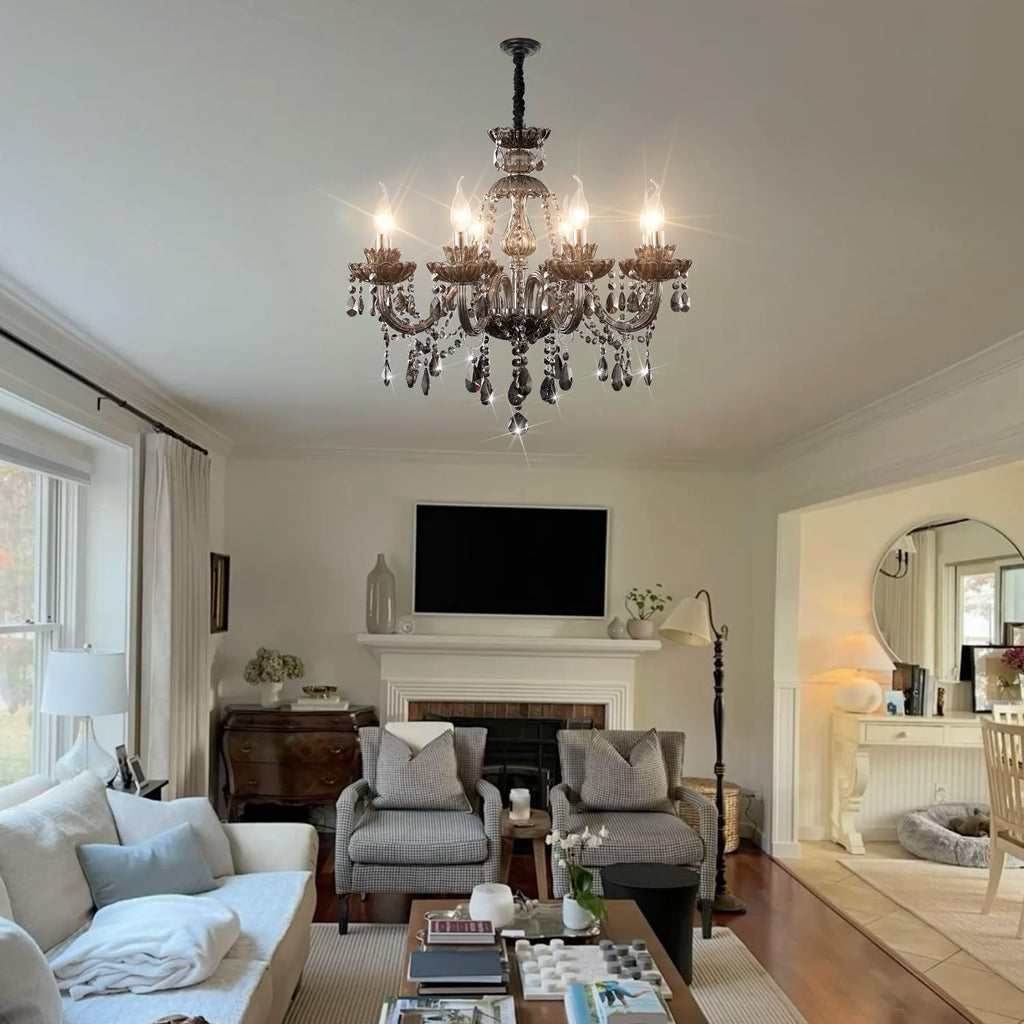 Luxurious Smoky Gray Crystal Chandelier for Living Room, Antique 6-Lights Teardrop Candle Chandelier Pendant Ceiling Lighting Fixture for Kitchen Dinner Party Closet Entryway of CRYSTOP
