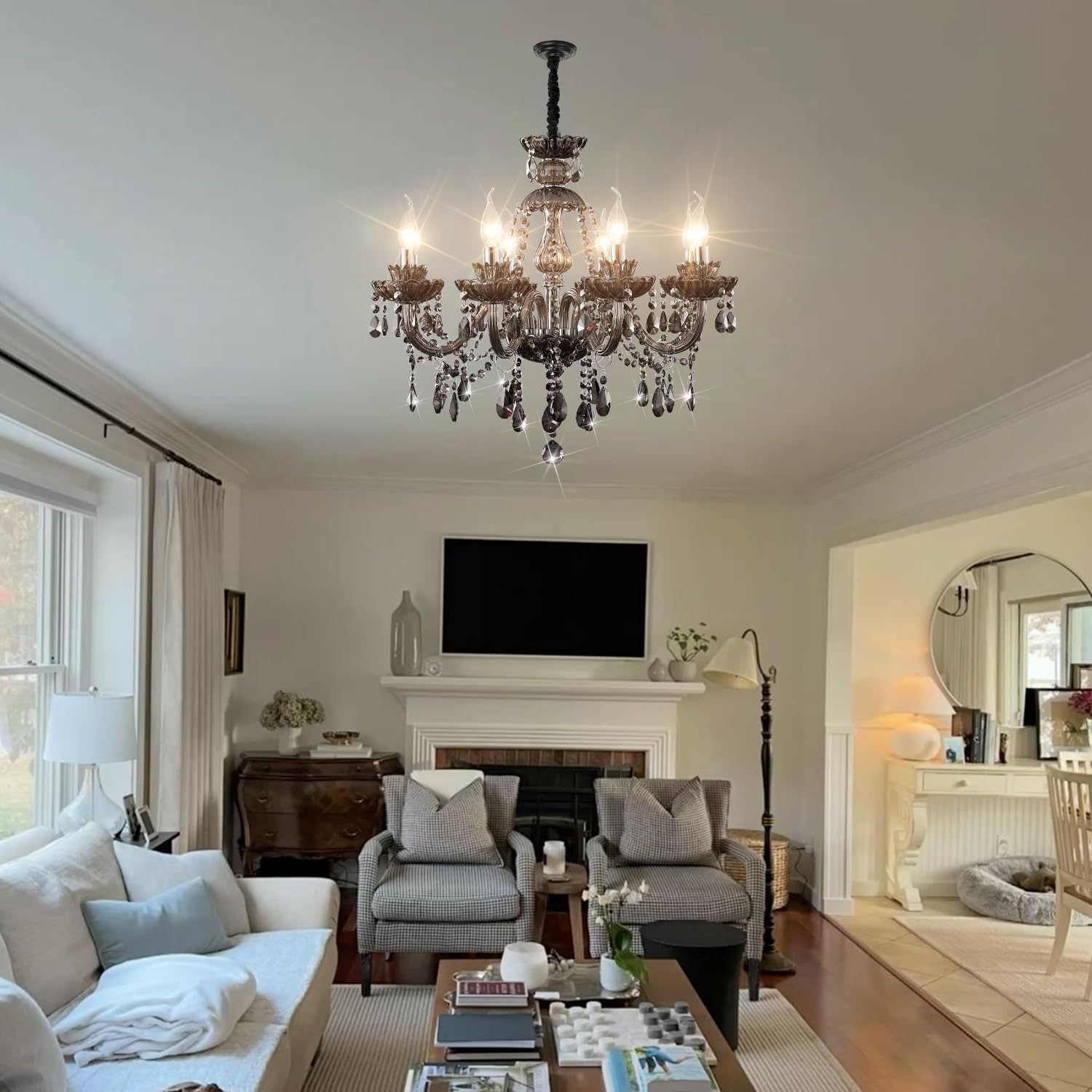 Luxurious Smoky Gray Crystal Chandelier for Living Room, Antique 6-Lights Teardrop Candle Chandelier Pendant Ceiling Lighting Fixture for Kitchen Dinner Party Closet Entryway of CRYSTOP