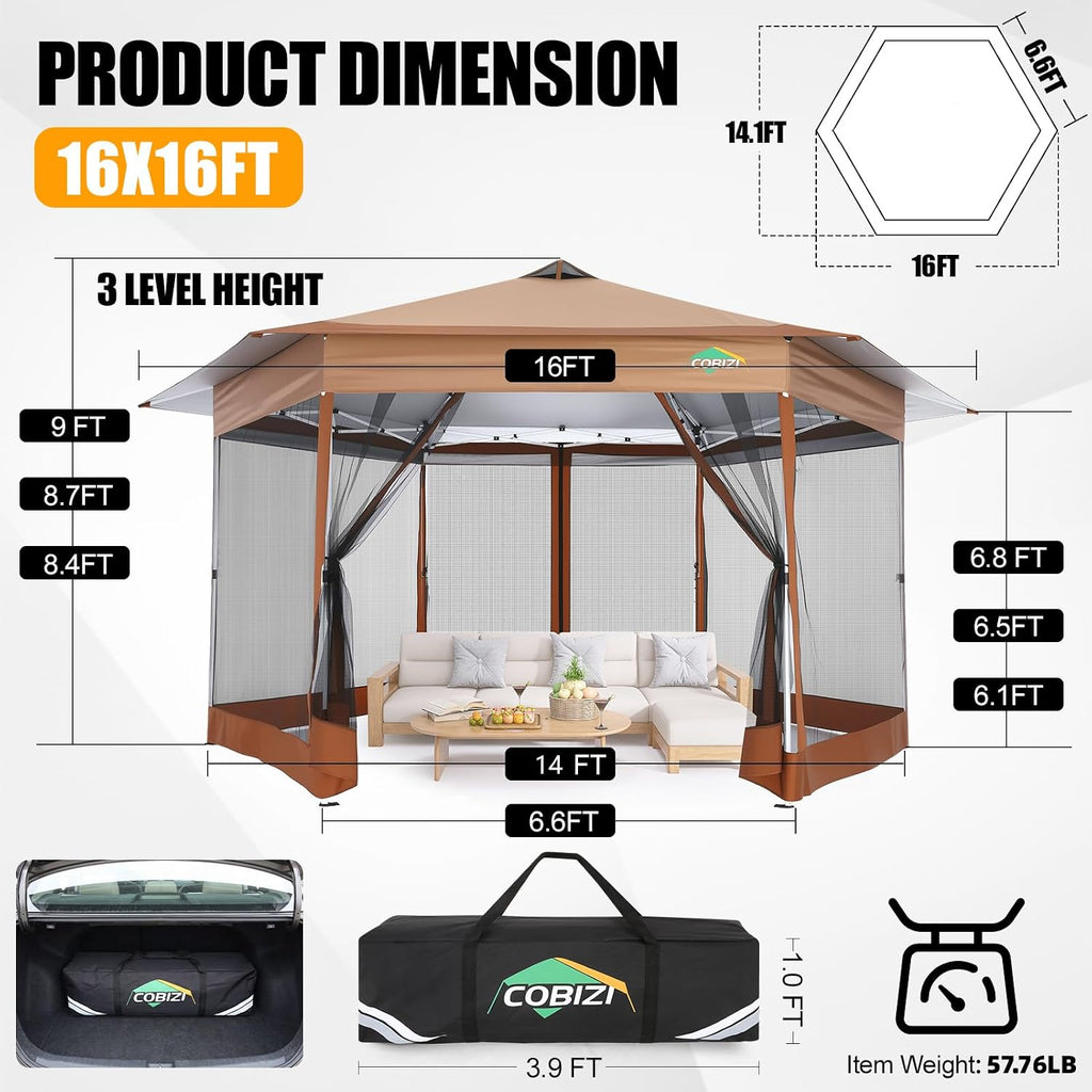 COBIZI 14x14 Pop Up Gazebo Tent with Mosquito Netting, Gazebos on Clearance, Hexagonal Outdoor Canopy Shelter, Patented Center Lock 6-Sided Portable Gazebos, Pop Up Canopy Tent for Backyard, Brown