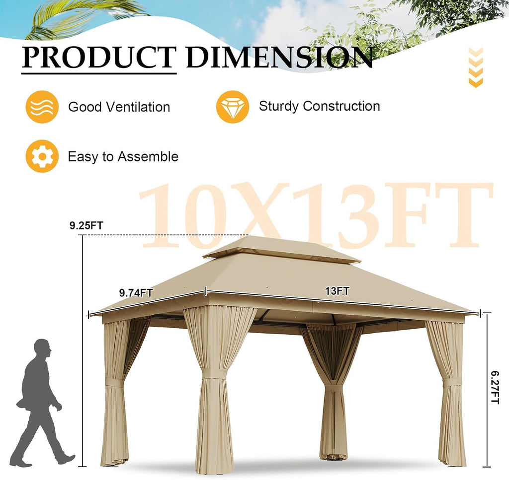 10' x 13' Khaki Large Pillar Double Roof Fabric Top Gazebo, Outdoor Patio Canopy with Curtains for Backyard, Garden, Lawn, and Events