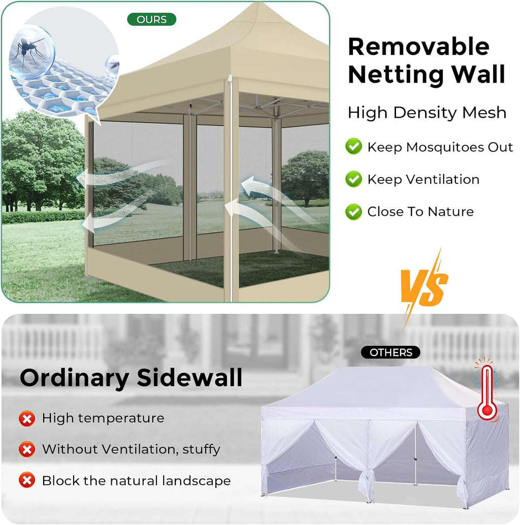 COBIZI 10x10 Heavy Duty Pop Up Canopy Tent with 4 Sidewalls, Easy Set Up Outdoor Waterproof Screen Commercial Party Tent with Mosquito Netting for Parties Backyard Patio, Carry Bag, Khaki