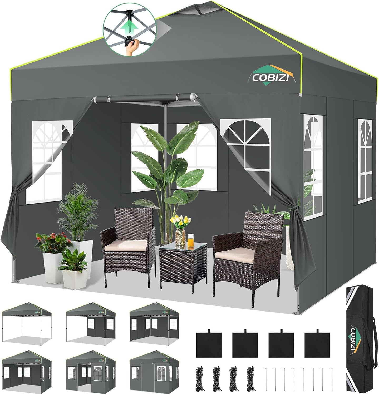 COBIZI 10x10 Pop Up Canopy Tent, Outdoor Party Tent with 4 Sidewall One Push Setup Glow, 3 Adjustable Height Air Vent Waterproof UPF50+, Bag, 4 Sandbag, 8 Stake, 4 Rope for Beach, Commercial