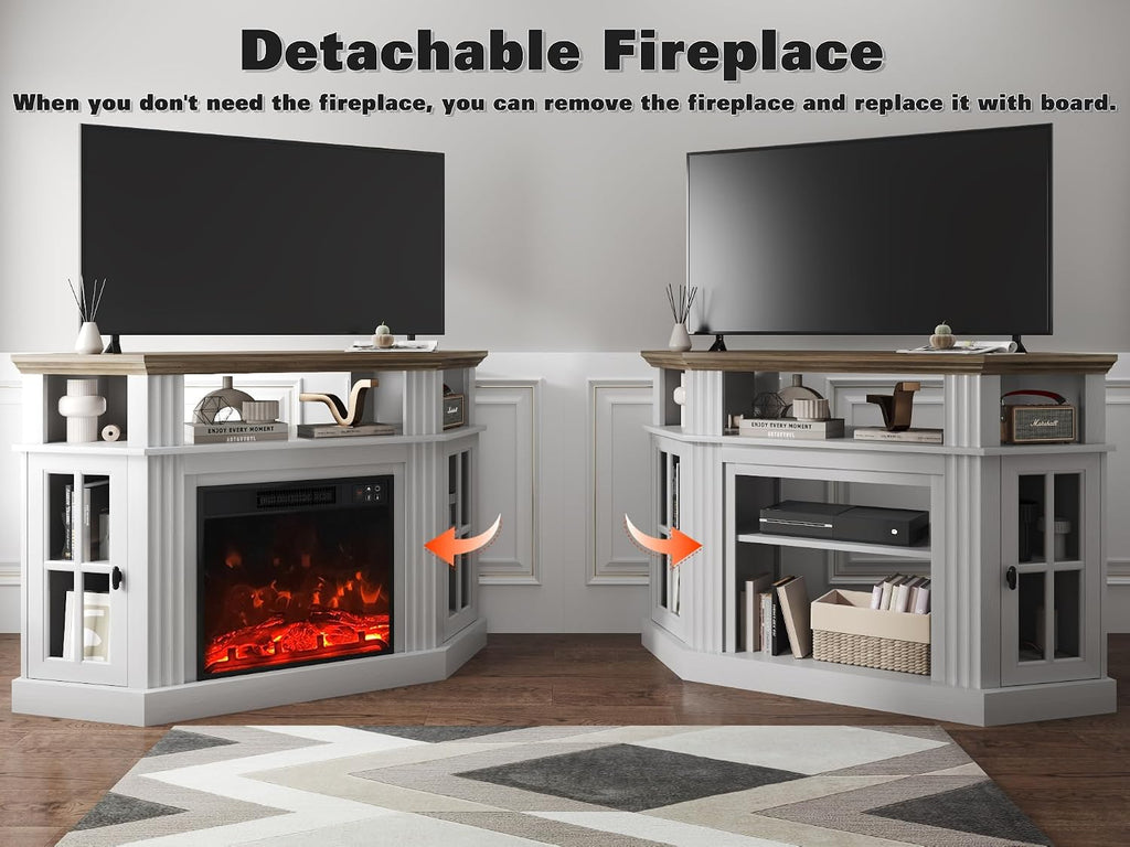 YESHOMY Corner Fireplace TV Stand for Television up to 55' with Storage Cabinets, Entertainment Center, Media Console for Living Room, Bedroom, White＆Rustic