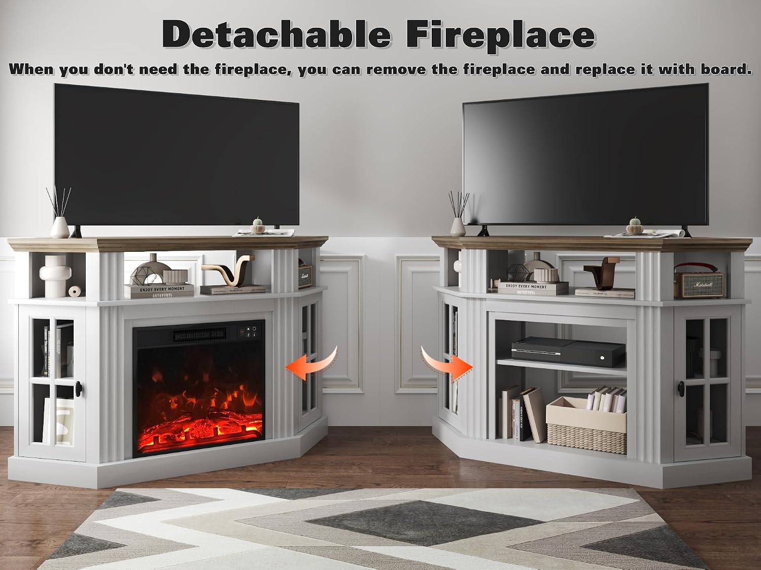 YESHOMY Corner Fireplace TV Stand for Television up to 55' with Storage Cabinets, Entertainment Center, Media Console for Living Room, Bedroom, White＆Rustic
