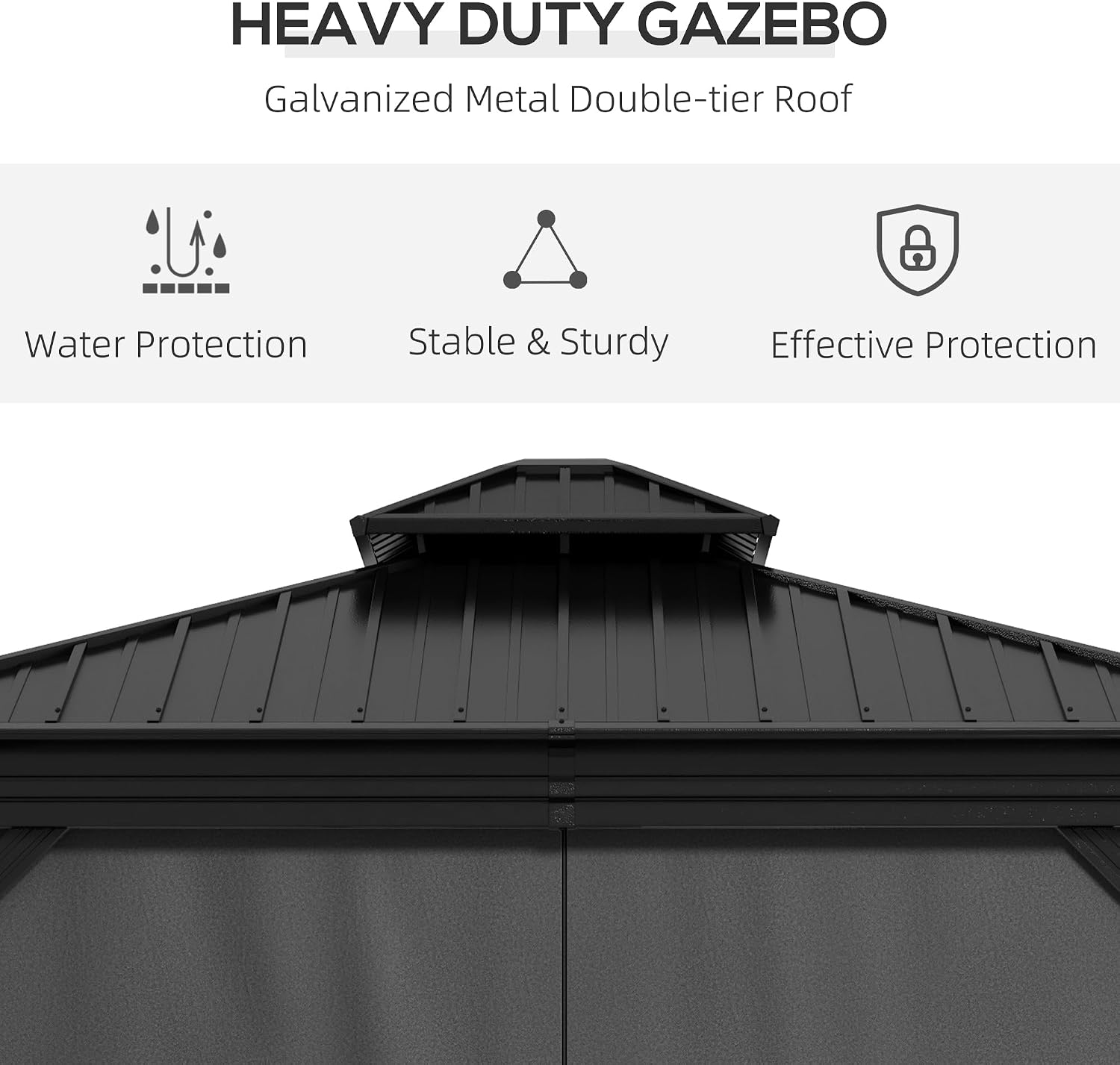 Outsunny 10' x 10' Hardtop Gazebo with Curtains and Netting, Permanent Pavilion Metal Double Roof Gazebo Canopy with Aluminum Frame and Hooks, for Garden, Patio, Backyard, Light Gray