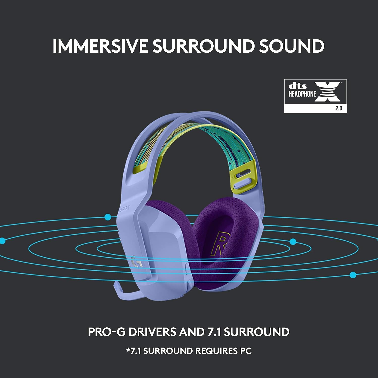 Logitech G733 Lightspeed Wireless Gaming Headset with Suspension Headband, LIGHTSYNC RGB, Blue VO!CE mic Technology and PRO-G Audio Drivers - Lilac