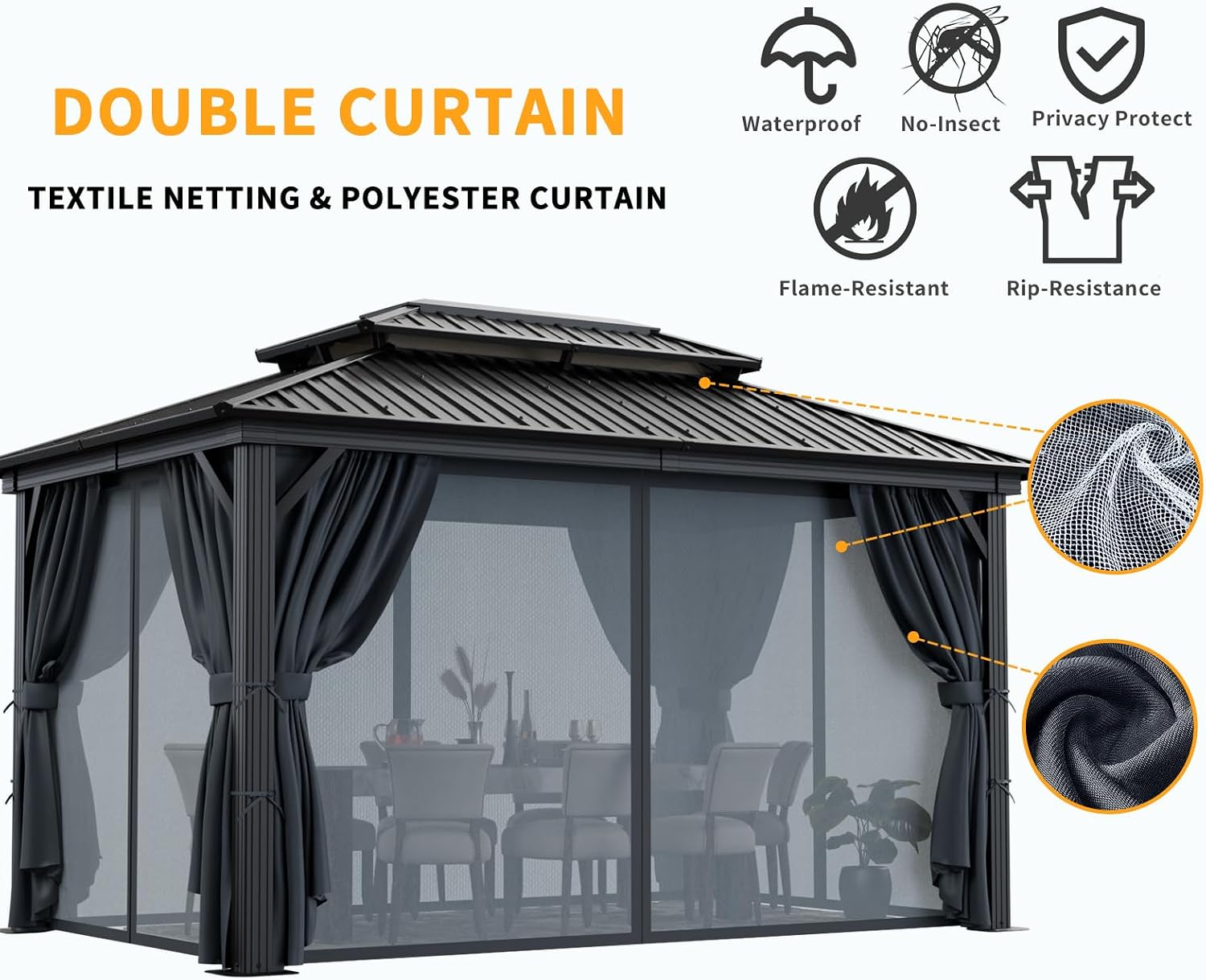 HOTEEL 10x12 Hardtop Gazebo on Clearance with Heavy Duty Galvanized Steel Double Metal roof,Aluminum Frame,Patio Gazebo with Curtains and Netting,Outdoor Permanent Pavillon for Backyard,Black