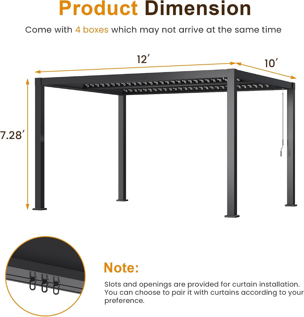 Kiss the Water 10'x12' Adjustable Louvered Pergola, Heavy-Duty Metal Outdoor Pergola, Metal Hardtop Gazebo with Adjustable Roof for Patio, Deck, Garden, Yard, Dark Gray