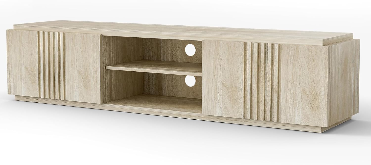 BELLEZE 70' Fluted Media Entertainment Center Console for TVs up to 75', TV Stand Table w/Oversize Drawers and 2-Tier Open Shelves, Wood Storage Cabinet for Living Room-Mint(White Lotus)