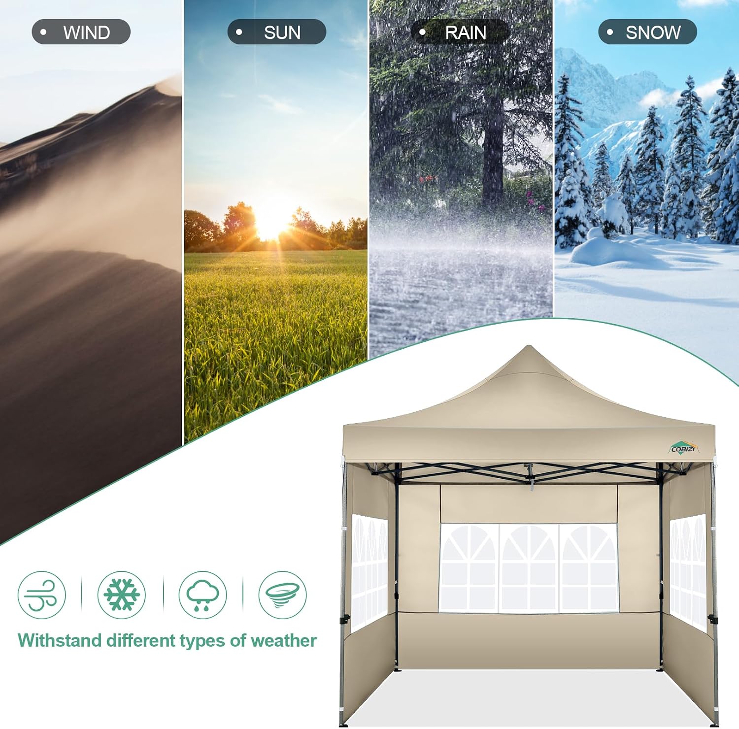 COBIZI 10x10 Pop Up Canopy Tent with 4 sidewalls Commercial Heavy Duty Canopy UPF 50+ All Weather Waterproof Outdoor Canopy Wedding Tents for Parties Gazebo with Roller Bag, Khaki (Windproof Upgraded)