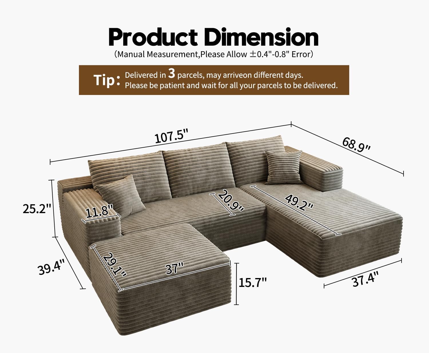 107.5'Cloud Modular Sectional Couch with 1 Ottoman,Modern Minimalist Upholstered Couches, Comfort U Shaped Sofa for Living Room,Deep Seat Corner Couch，No Assembly Required (Camel,Right Facing Chaise)