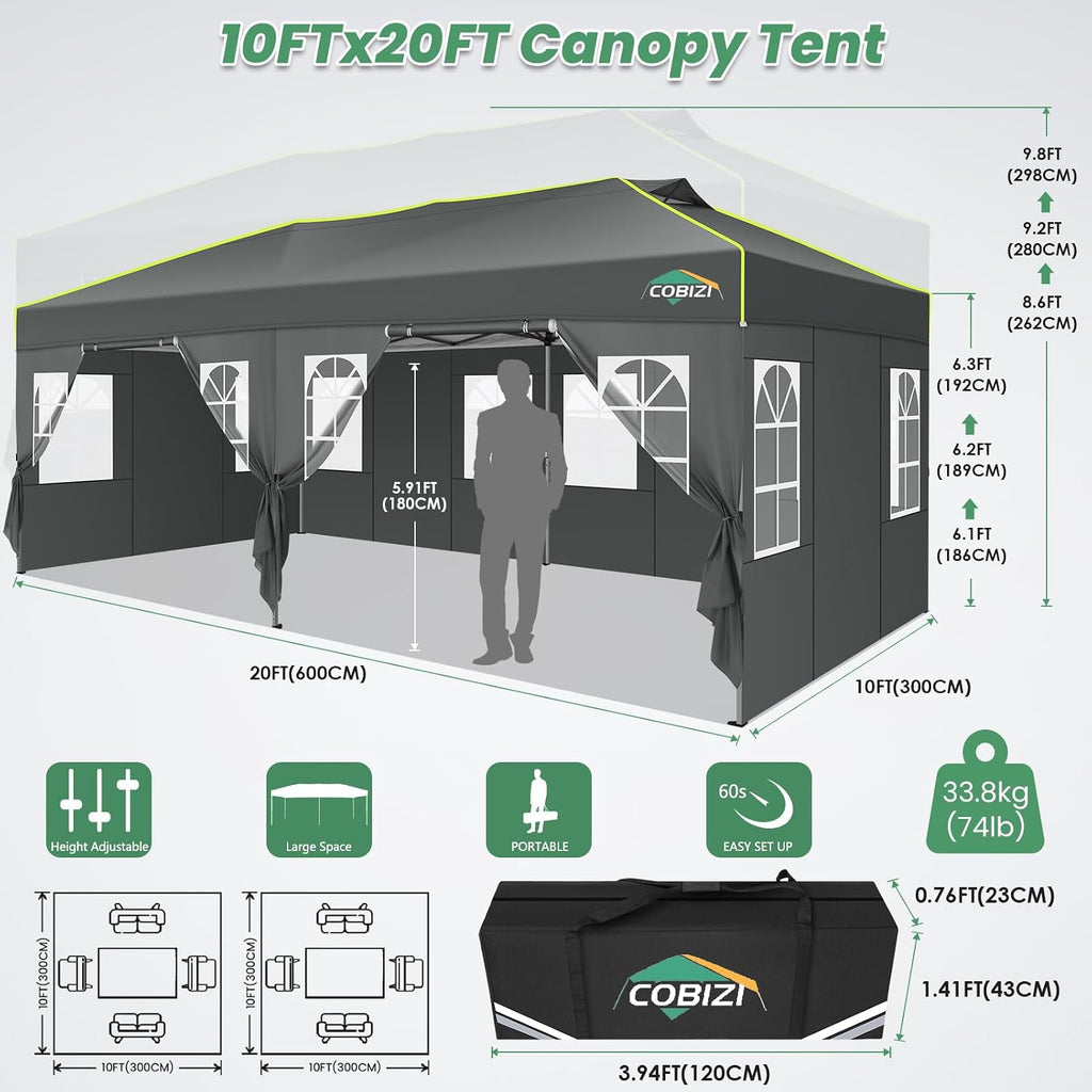 COBIZI 10x20 Pop Up Canopy Tent with 6 Removable Sidewalls, One Push Party Tent Outdoor Waterproof Event Canopy with Air Vent for Parties Commercial Wedding, 3 Height, Carry Bag, Sandbag, Gray