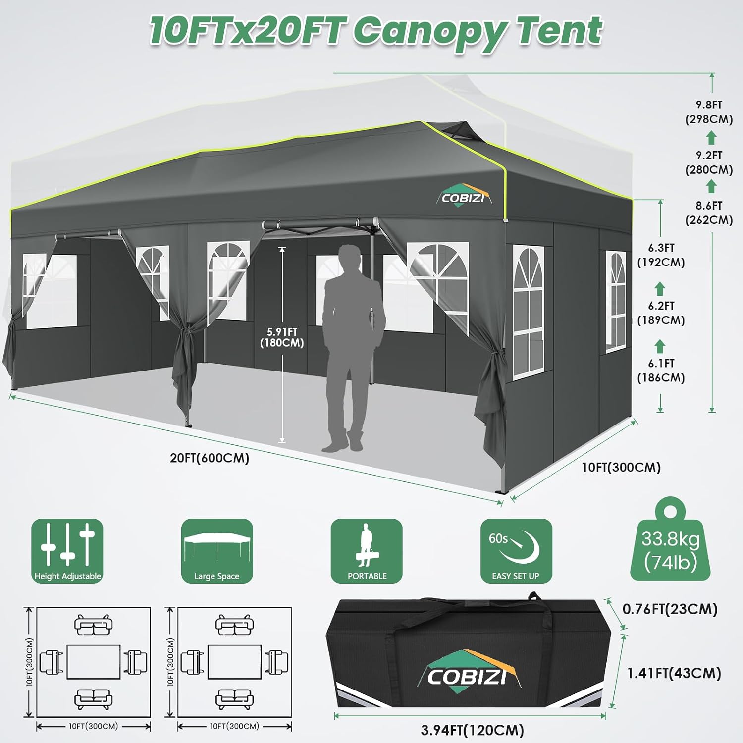 COBIZI 10x20 Pop Up Canopy Tent with 6 Removable Sidewalls, One Push Party Tent Outdoor Waterproof Event Canopy with Air Vent for Parties Commercial Wedding, 3 Height, Carry Bag, Sandbag, Gray