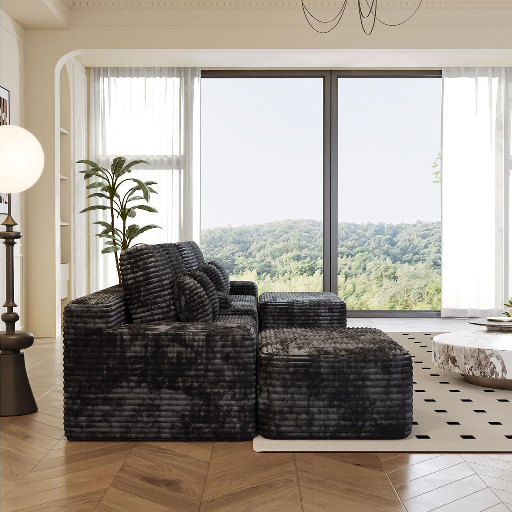 KEIKI 150' U-Shaped Oversized Corduroy Modular Sectional Sofa with 2 Ottomans and Multi Functional Console, 6-Seater Upholstered Couch with USB and 2 Cup Holder, Easy Assembly, for Living Room, Black
