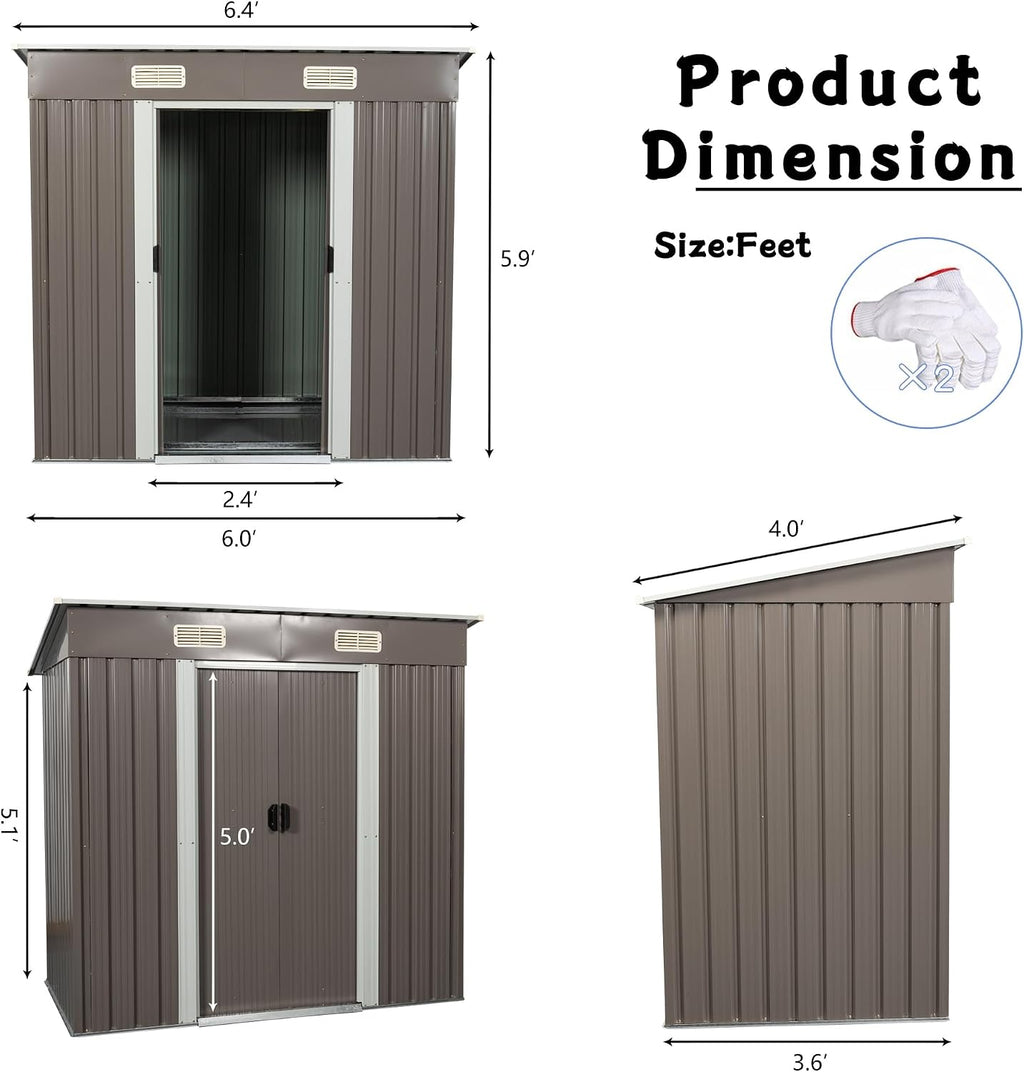 YOPTO 6×4 FT Outdoor Metal Storage Shed with Integrated Punched Vents,Heavy Duty Storage House W/Padlock and Sliding Doors,Large Waterproof Outdoor Tools Sheds for Garden,Backyard,Patio,Grey