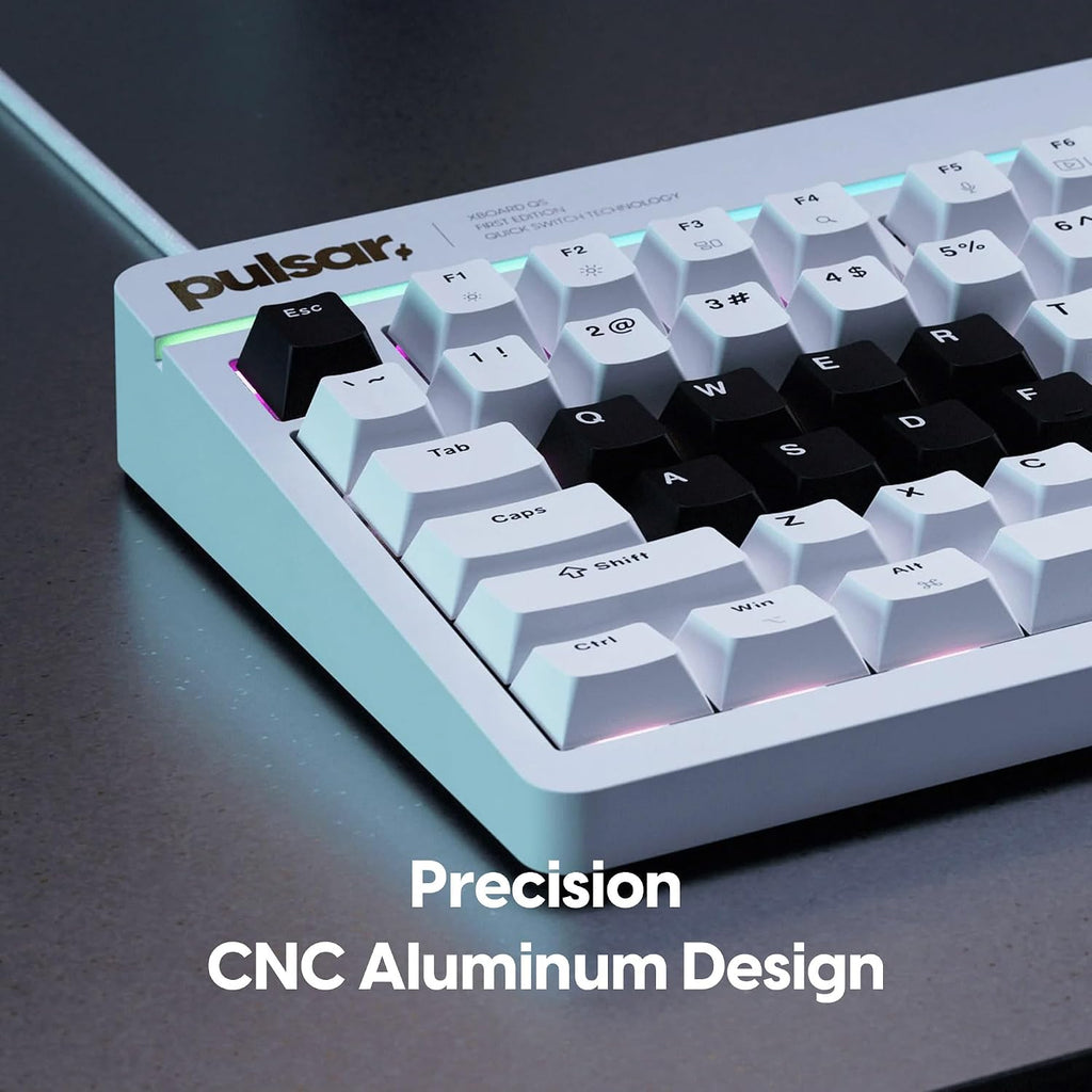 Pulsar XBOARD QS Mechanical Gaming Keyboard – QMK/VIA, Hot Swappable Linear Switch, TKL Layout Gasket Mount, Aluminum Frame, RGB LED Backlit, Knob, Dual PC Quick Switch for Mac/Windows (White)