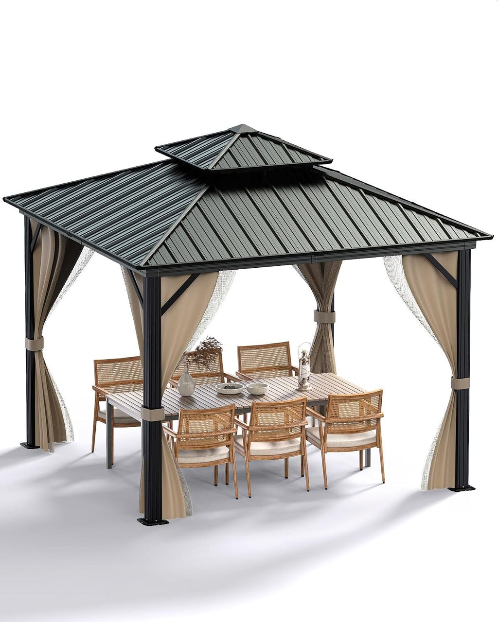 Hardtop Gazebo 10'x10' for All Weather, with Double Metal Roof, Aluminum Alloy Frame, and Net and Curtain, Permanent Building of Backyard Luxury for Patio, Deck, Backyard, Lawn, and Garden, Khaki