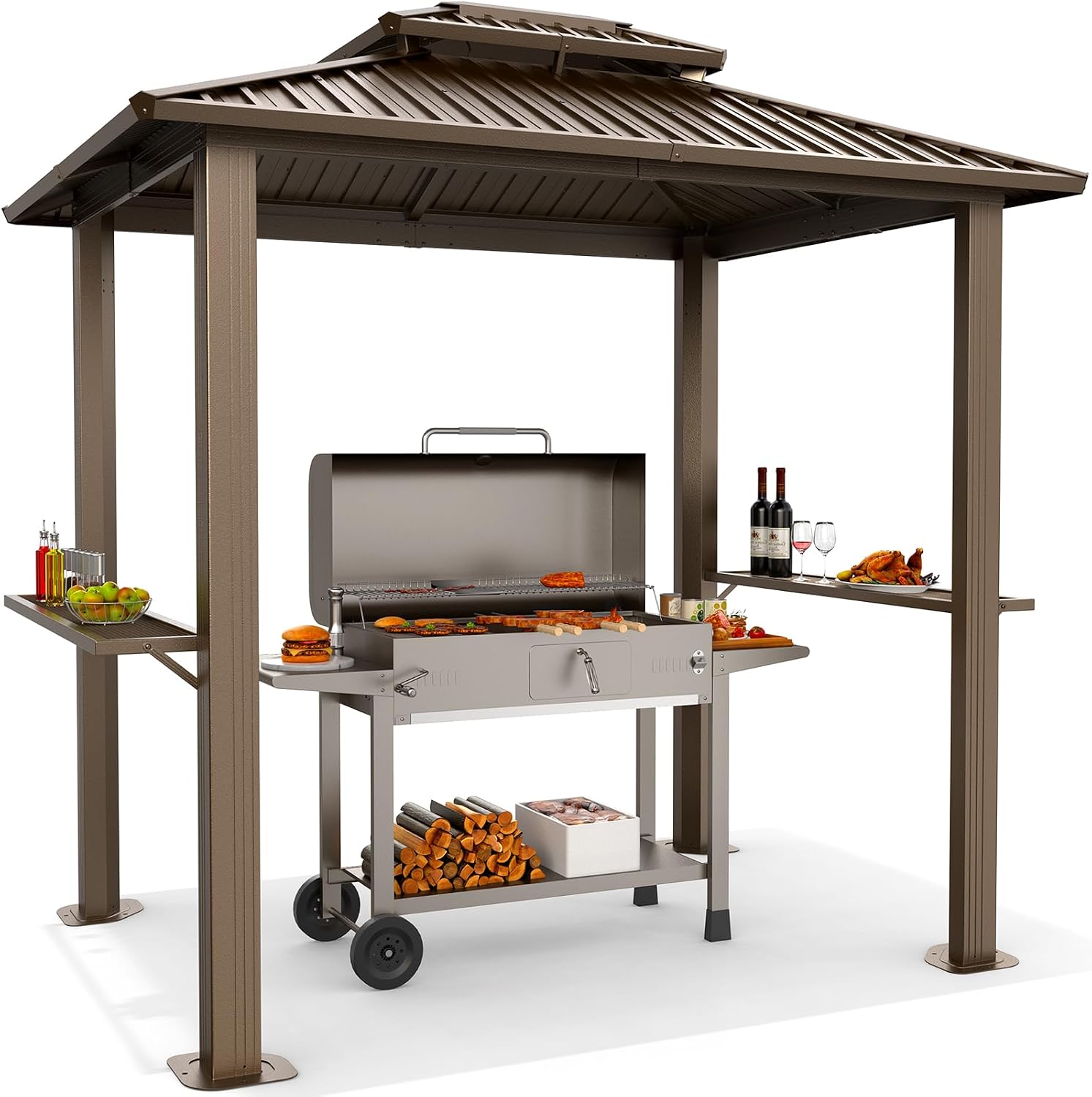 Hoteel 6x8 Hardtop Grill Gazebo, Outdoor Patio BBQ Gazebo with Galvanized Steel Double Roof, Hardtop Barbecue Canopy with 2 Side Shelves for Deck Lawn Backyard Garden,Brown