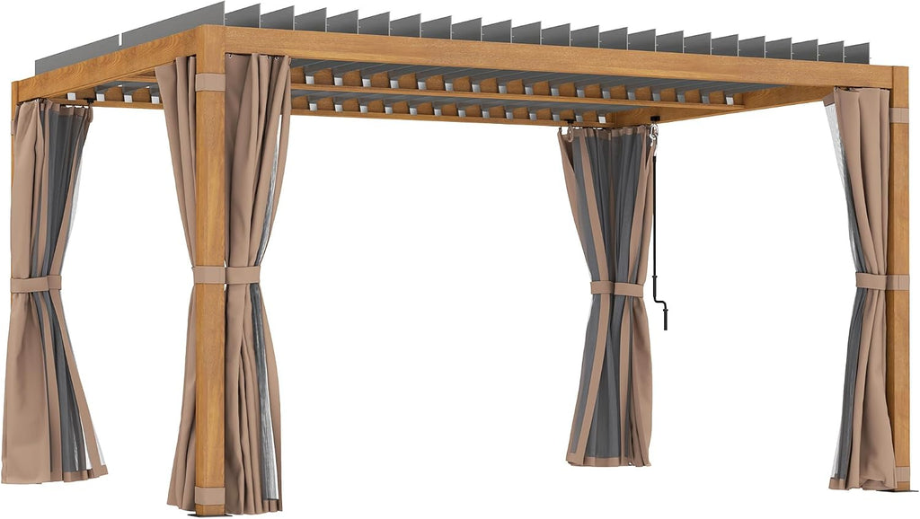 Outsunny 10' x 13' Louvered Pergola Hardtop Gazebo with Adjustable Aluminum Roof and Frame, Outdoor Pergola with Curtains and Netting, for Garden, Lawn, Backyard, and Deck, Natural Wood