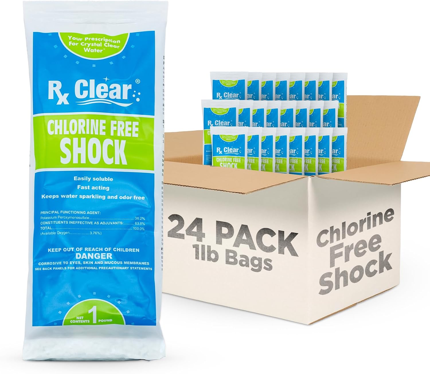 Rx Clear Chlorine-Free Pool Shock | Non-Chlorine Oxidizing Treatment (MPS) | 36.2% Potassium Monopersulfate | Fast-Dissolving Granules | Low-Odor | for Pools & Spas | 1 lb Bags | 24 Pack