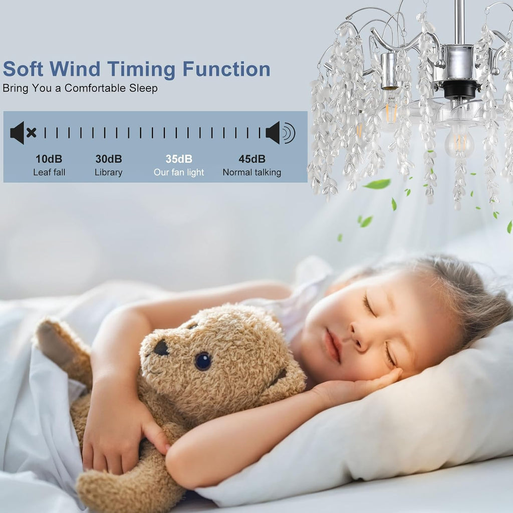 Garwarm 20in Ceiling Fans with Lights,Modern Fandelier Ceiling Fan with Light and Remote,Bladeless Crystals Chandelier Ceiling Fan for Bedroom Kitchen Living Room(6 Speed, Timing)-Chrome