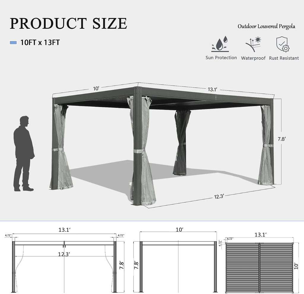 Domi 10' x 13' Louvered Pergola with Adjustable Rainproof Roof, Outdoor Aluminum Frame Hardtop Gazebo for Backyard, Garden and Lawn w/Netting (Dark Gray)