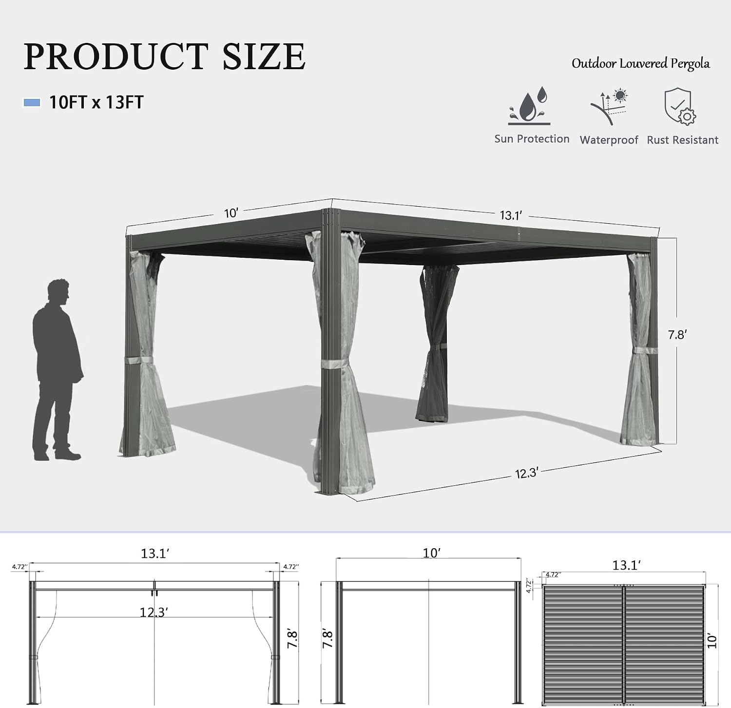 Domi 10' x 13' Louvered Pergola with Adjustable Rainproof Roof, Outdoor Aluminum Frame Hardtop Gazebo for Backyard, Garden and Lawn w/Netting (Dark Gray)