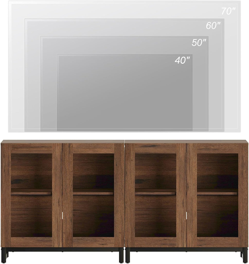 WAMPAT Modern TV Stand with Glass Doors for 40-70 inch TVs, 2 in 1 Entertainment Center Console with Adjustable Shelves and Metal Base for Living Room, Bedroom, Brown