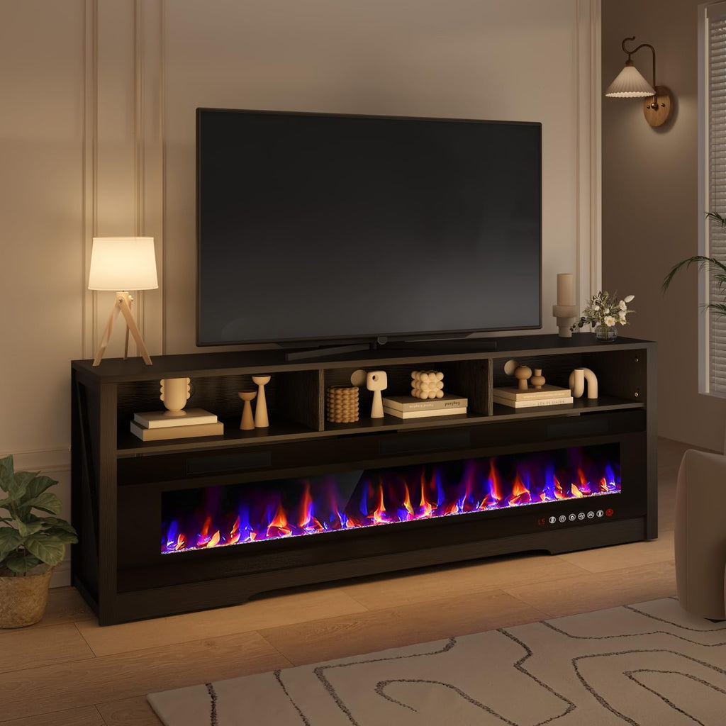 PRETZI 65' Fireplace TV Stand with 60' Glass Electric Fireplace for TVs Up to 75 inch, Modern Fireplace Entertainment Center with Open Storage Shelf, Media Console TV Cabiet for Living Room, Black