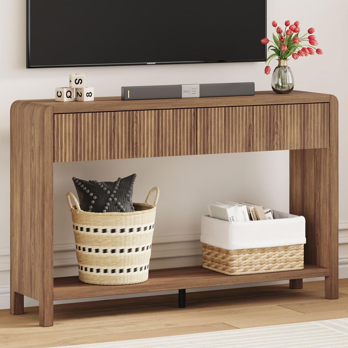 FATORRI Console Sofa Table for Entryway, Wood Foyer Tables for Living Room, Farmhouse Couch Table behinde Sofa with 2 Drawers for Hallway Storage (47.2 inch, Walnut)