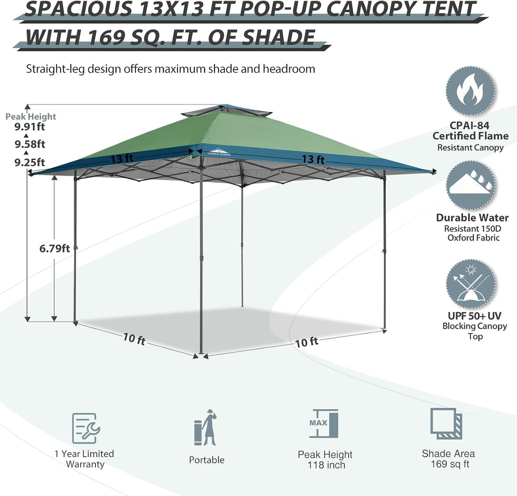 EAGLE PEAK 13x13 Straight Leg Pop Up Canopy Tent Instant Outdoor Canopy Easy Single Person Set up Folding Shelter w/Auto Extending Eaves 169 Square Feet of Shade (Light Green/Blue)