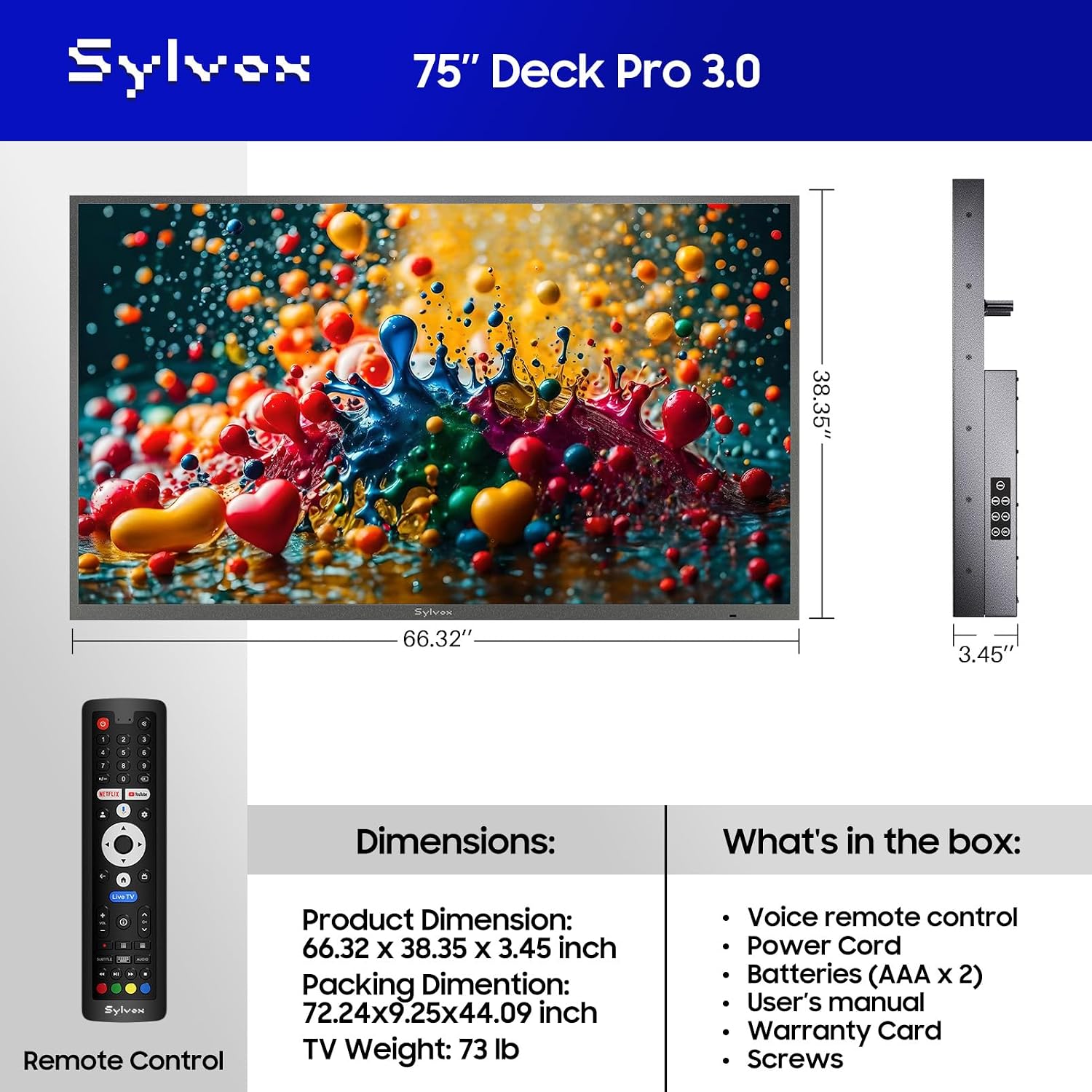 SYLVOX Smart Outdoor TV, 75 inch Outdoor Television Upgraded Google TV, 4K Weatherproof Outside TV, IP56 Waterproof, Google Assistant, Chromecast, 1000 nit Brightness for Partial Sun (Deck Pro 3.0)