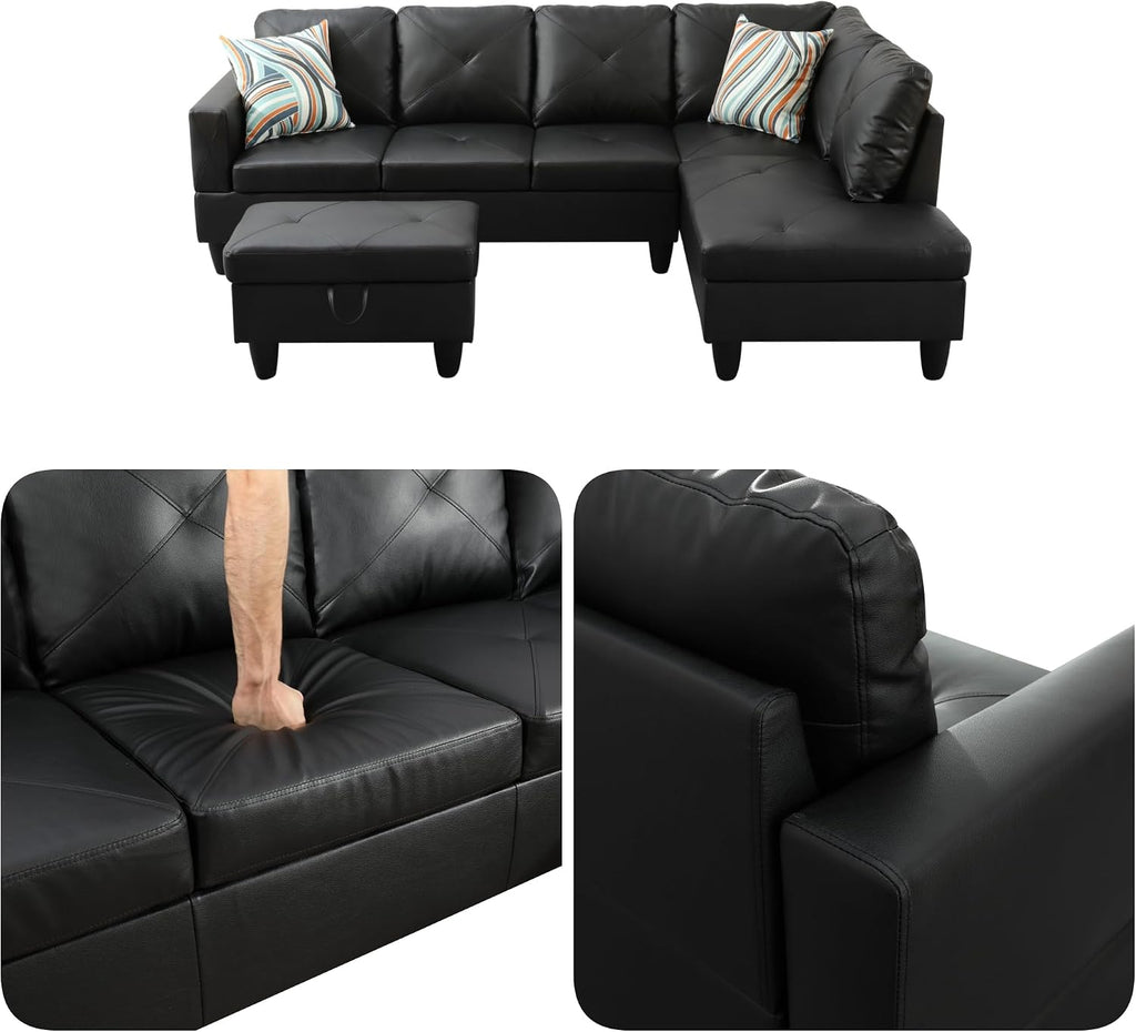 97.5' L Shaped Couch Set, Modular Sectional Couches for Living Room with Storage Ottoman, 4 Seat Home Sofa Living Room Furniture Sets with Chaise for Apartment Office (Faux Leather, Black)