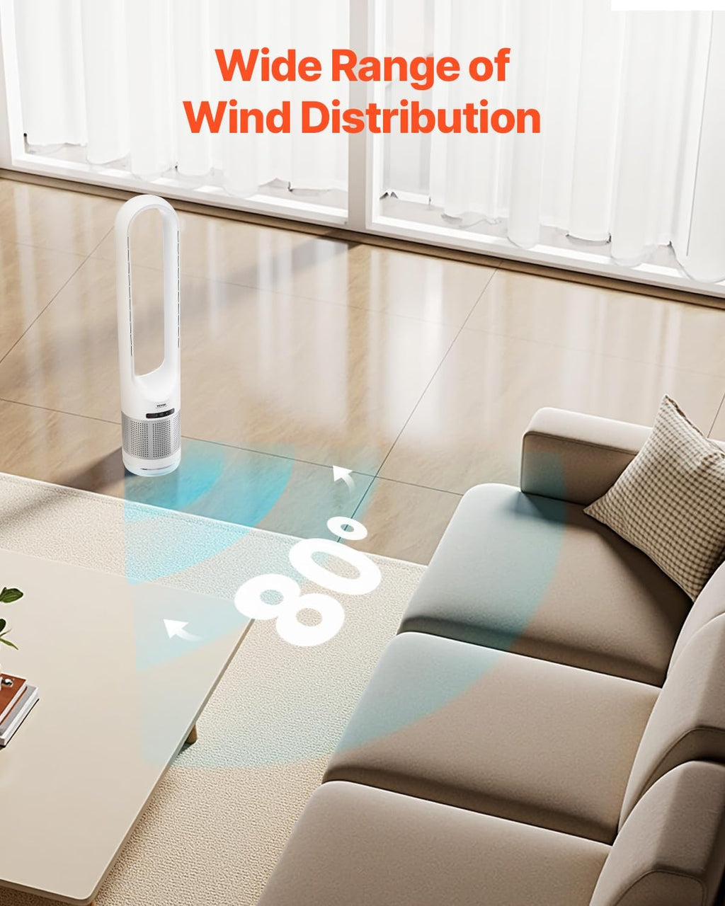 VEVOR Tower Fan Bladeless, 15.4ft/s Velocity Floor Fan that Blows Cold Air, 80° Oscillating 8-Speed Fans, 8H Timer, Standing Fans with H13 HEPA Filtration, Remote Control & Air Purification Mode